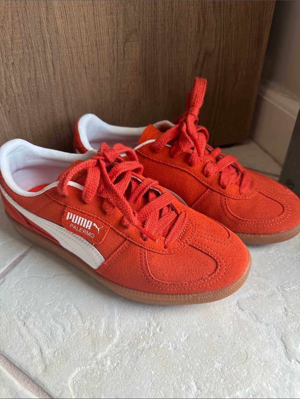 Puma Palermo Kids Orange Suede Sneakers with White Formstrip